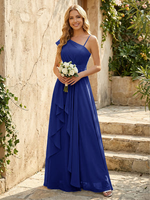 Lightweight Chiffon One Shoulder Ruched Waist Asymmetric Ruffles Maxi Bridesmaid Dresses with Slit