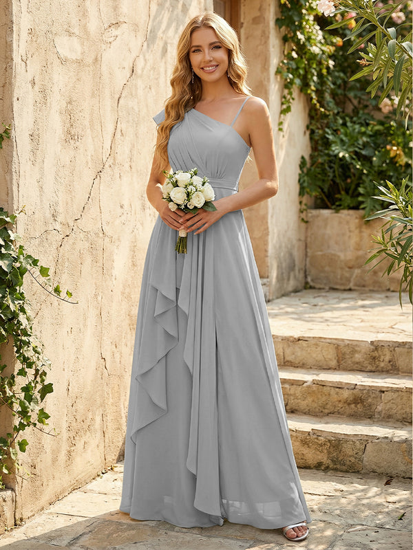 Lightweight Chiffon One Shoulder Ruched Waist Asymmetric Ruffles Maxi Bridesmaid Dresses with Slit