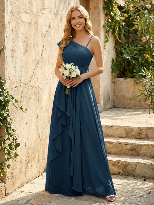 Lightweight Chiffon One Shoulder Ruched Waist Asymmetric Ruffles Maxi Bridesmaid Dresses with Slit