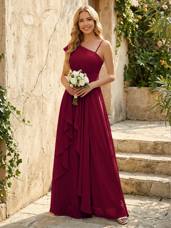 Lightweight Chiffon One Shoulder Ruched Waist Asymmetric Ruffles Maxi Bridesmaid Dresses with Slit