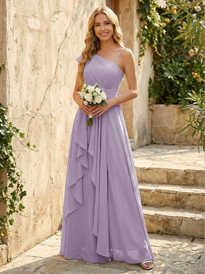Lightweight Chiffon One Shoulder Ruched Waist Asymmetric Ruffles Maxi Bridesmaid Dresses with Slit