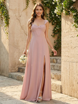 Lightweight Chiffon Sweetheart Corset Maxi Bridesmaid Dresses with Slit