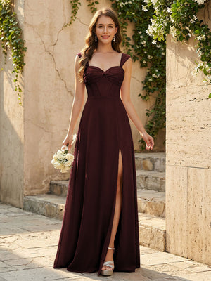 Lightweight Chiffon Sweetheart Corset Maxi Bridesmaid Dresses with Slit
