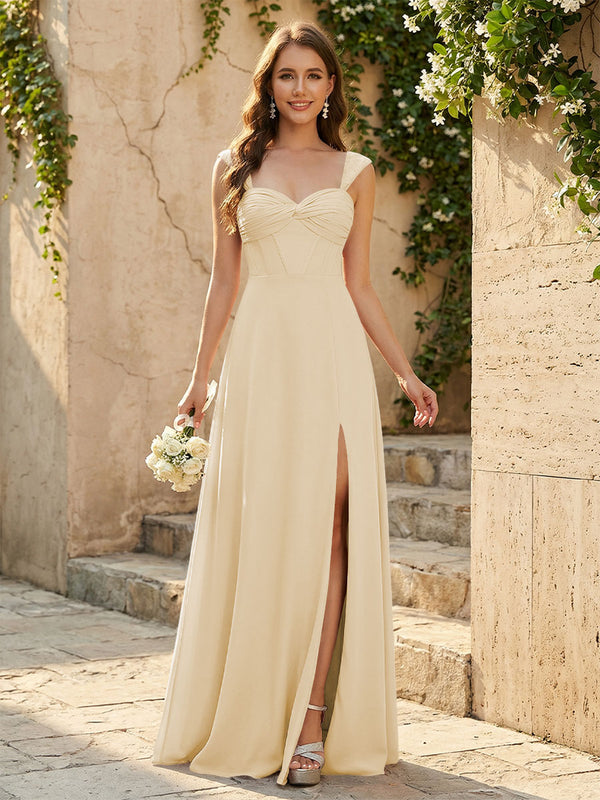 Lightweight Chiffon Sweetheart Corset Maxi Bridesmaid Dresses with Slit