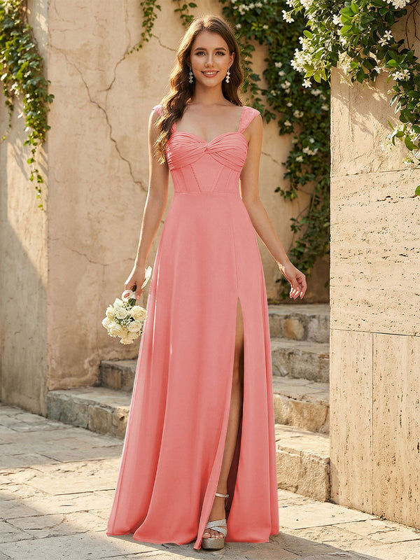 Lightweight Chiffon Sweetheart Corset Maxi Bridesmaid Dresses with Slit