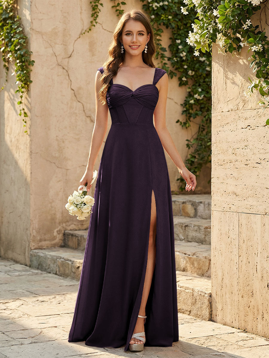 Lightweight Chiffon Sweetheart Corset Maxi Bridesmaid Dresses with Slit
