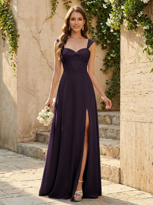 Lightweight Chiffon Sweetheart Corset Maxi Bridesmaid Dresses with Slit