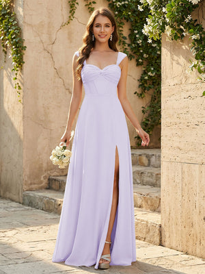 Lightweight Chiffon Sweetheart Corset Maxi Bridesmaid Dresses with Slit