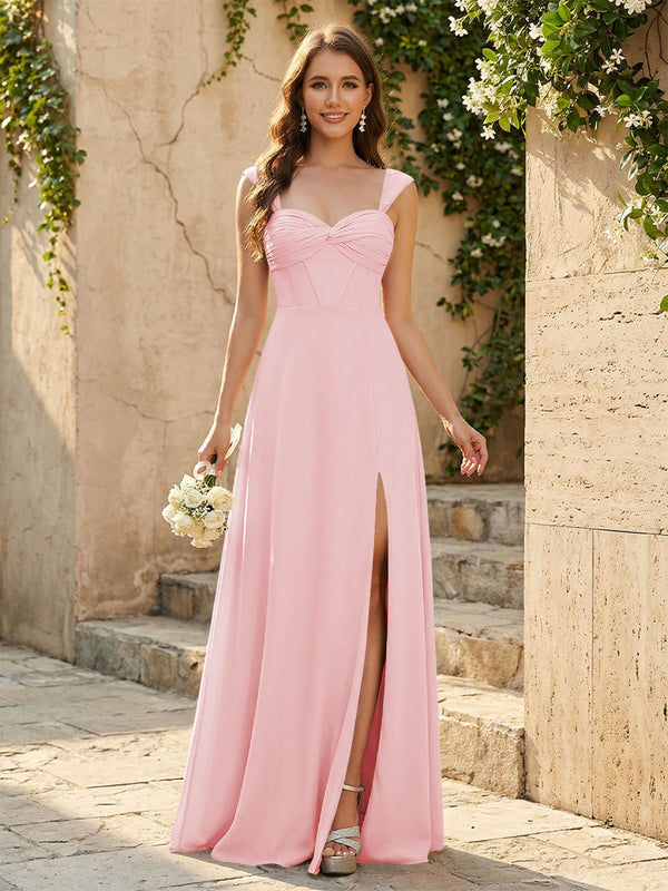 Lightweight Chiffon Sweetheart Corset Maxi Bridesmaid Dresses with Slit