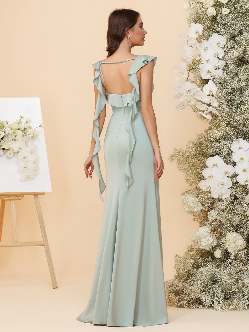 Satin Square Neck Ruched Waist Sheath Maxi Bridesmaid Dresses with Sashes