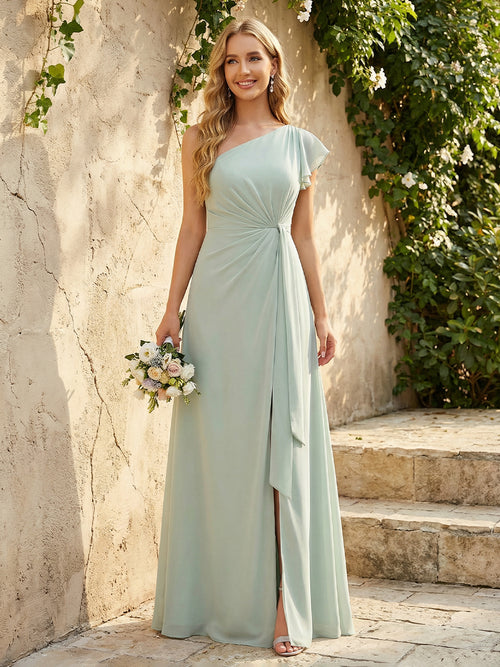Chiffon One Shoulder Ruched Waist A-Line Maxi Bridesmaid Dresses with Slit