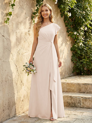 Chiffon One Shoulder Ruched Waist A-Line Maxi Bridesmaid Dresses with Slit