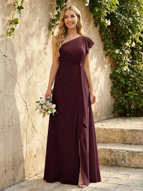 Chiffon One Shoulder Ruched Waist A-Line Maxi Bridesmaid Dresses with Slit