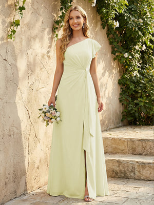 Chiffon One Shoulder Ruched Waist A-Line Maxi Bridesmaid Dresses with Slit