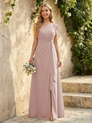Chiffon One Shoulder Ruched Waist A-Line Maxi Bridesmaid Dresses with Slit