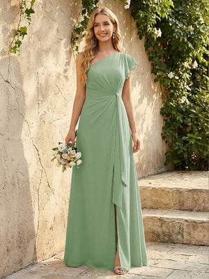Chiffon One Shoulder Ruched Waist A-Line Maxi Bridesmaid Dresses with Slit