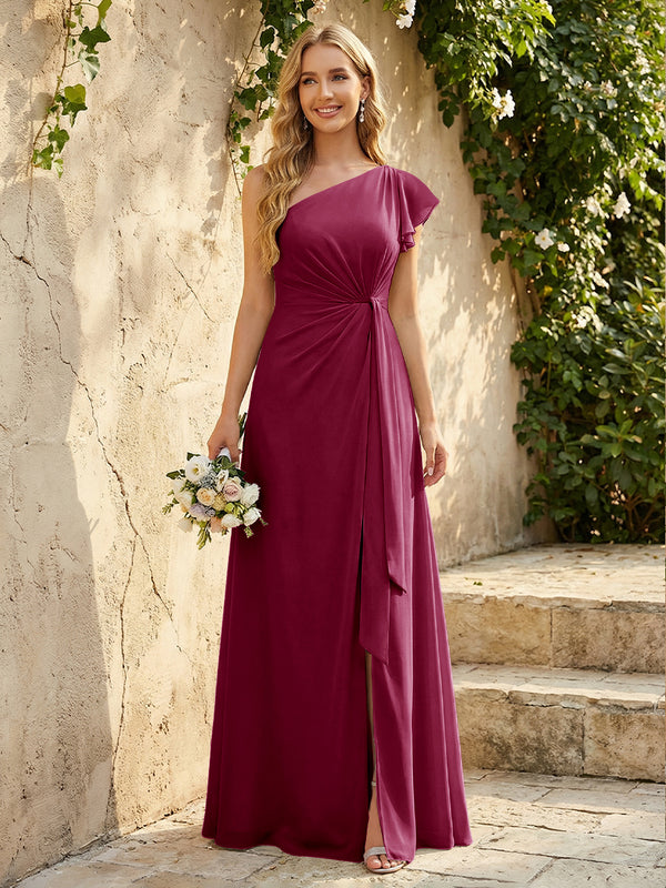 Chiffon One Shoulder Ruched Waist A-Line Maxi Bridesmaid Dresses with Slit