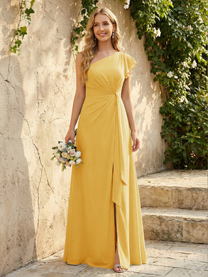 Chiffon One Shoulder Ruched Waist A-Line Maxi Bridesmaid Dresses with Slit