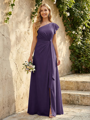 Chiffon One Shoulder Ruched Waist A-Line Maxi Bridesmaid Dresses with Slit