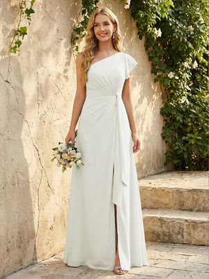 Chiffon One Shoulder Ruched Waist A-Line Maxi Bridesmaid Dresses with Slit