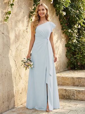 Chiffon One Shoulder Ruched Waist A-Line Maxi Bridesmaid Dresses with Slit