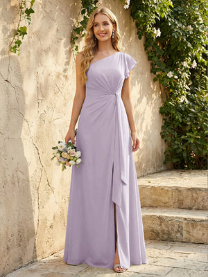Chiffon One Shoulder Ruched Waist A-Line Maxi Bridesmaid Dresses with Slit