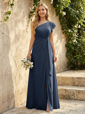 Chiffon One Shoulder Ruched Waist A-Line Maxi Bridesmaid Dresses with Slit