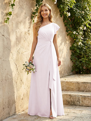 Chiffon One Shoulder Ruched Waist A-Line Maxi Bridesmaid Dresses with Slit
