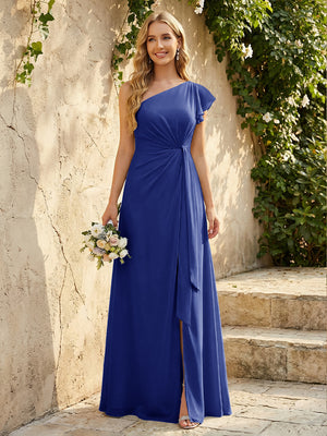 Chiffon One Shoulder Ruched Waist A-Line Maxi Bridesmaid Dresses with Slit