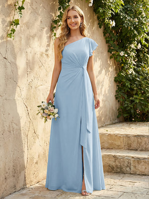 Chiffon One Shoulder Ruched Waist A-Line Maxi Bridesmaid Dresses with Slit