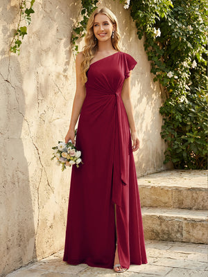 Chiffon One Shoulder Ruched Waist A-Line Maxi Bridesmaid Dresses with Slit