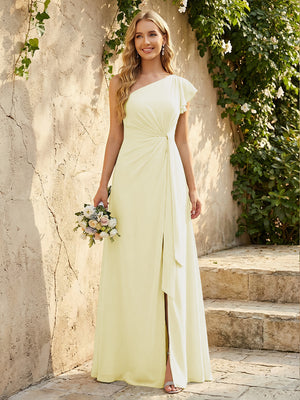 Chiffon One Shoulder Ruched Waist A-Line Maxi Bridesmaid Dresses with Slit