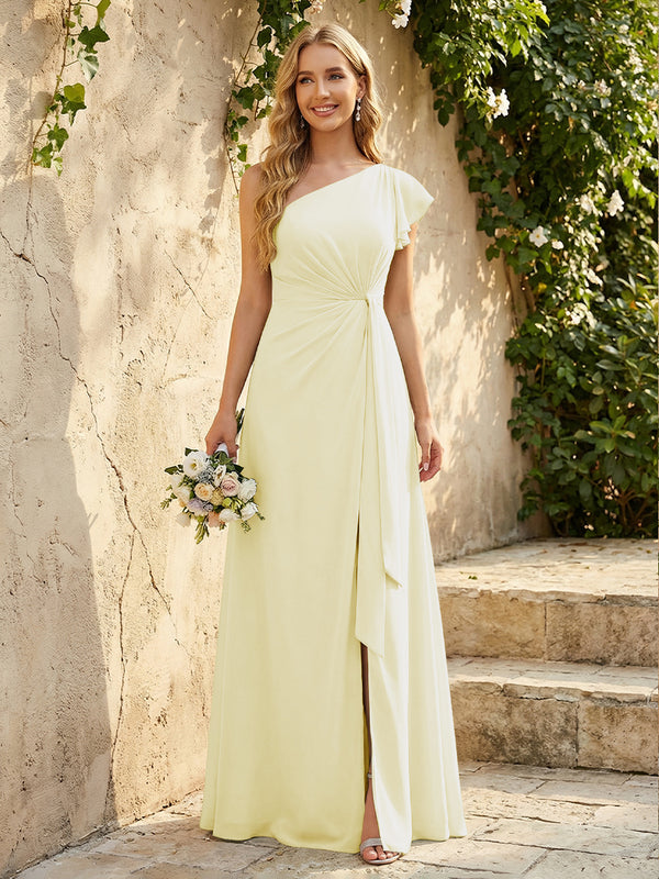 Chiffon One Shoulder Ruched Waist A-Line Maxi Bridesmaid Dresses with Slit