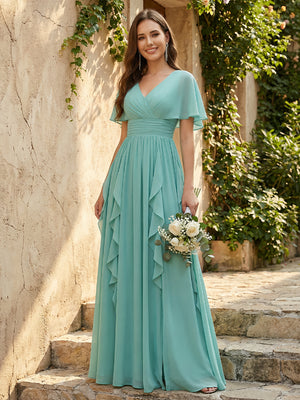 Chiffon Ruched Waist Flutter Short Sleeves A-Line Pleated Ruffles Maxi Bridesmaid Dresses with Slit