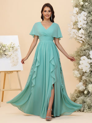 Chiffon Ruched Waist Flutter Short Sleeves A-Line Pleated Ruffles Maxi Bridesmaid Dresses with Slit