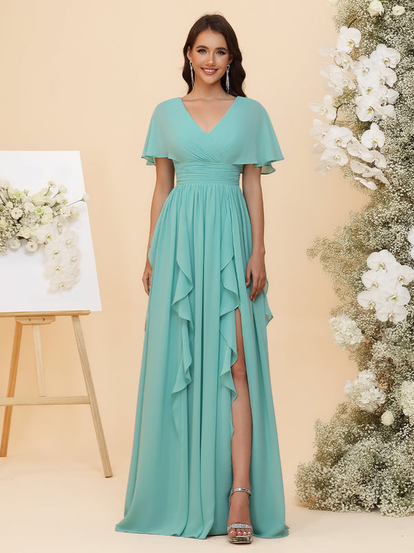 Chiffon Ruched Waist Flutter Short Sleeves A-Line Pleated Ruffles Maxi Bridesmaid Dresses with Slit
