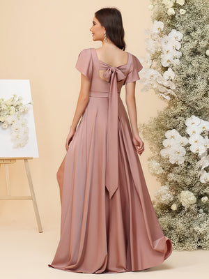 Elegant Chiffon Flutter Short Sleeves Ruched Maxi Bridesmaid Dresses with Slit
