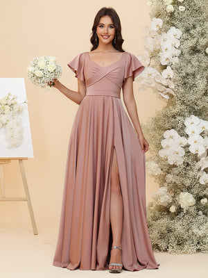Elegant Chiffon Flutter Short Sleeves Ruched Maxi Bridesmaid Dresses with Slit