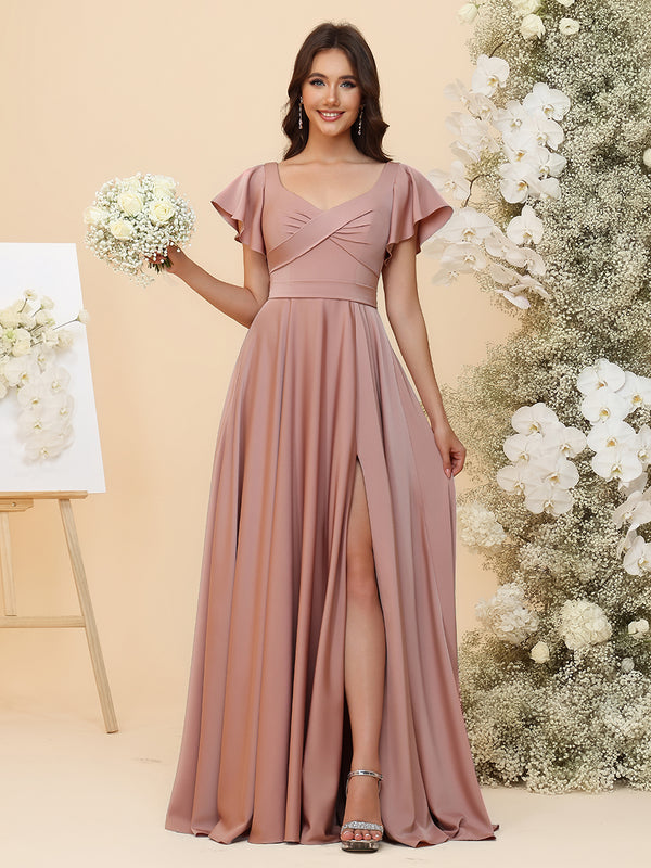 Elegant Chiffon Flutter Short Sleeves Ruched Maxi Bridesmaid Dresses with Slit