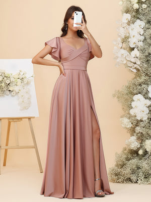 Elegant Chiffon Flutter Short Sleeves Ruched Maxi Bridesmaid Dresses with Slit