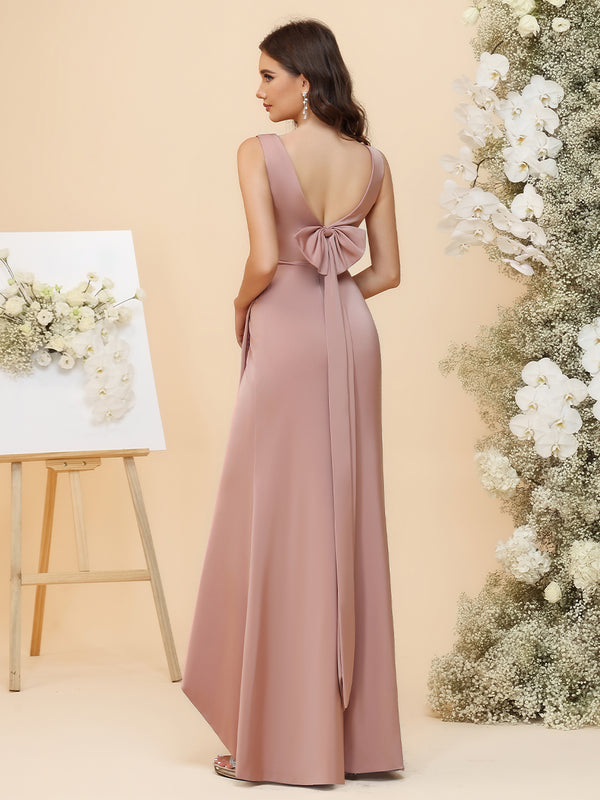 Elegant Satin V-Neck Ruched Waist Maxi Bridesmaid Dresses with Bow