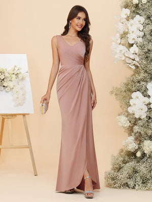 Elegant Satin V-Neck Ruched Waist Maxi Bridesmaid Dresses with Bow