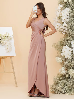 Elegant Satin V-Neck Ruched Waist Maxi Bridesmaid Dresses with Bow