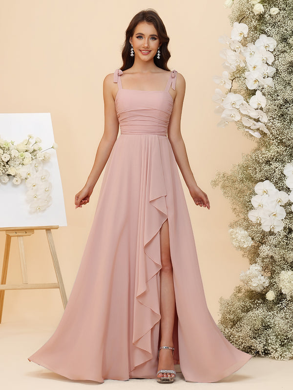 Lightweight Chiffon Square Neck Ruched Waist Ruffled Maxi Bridesmaid Dresses with Slit