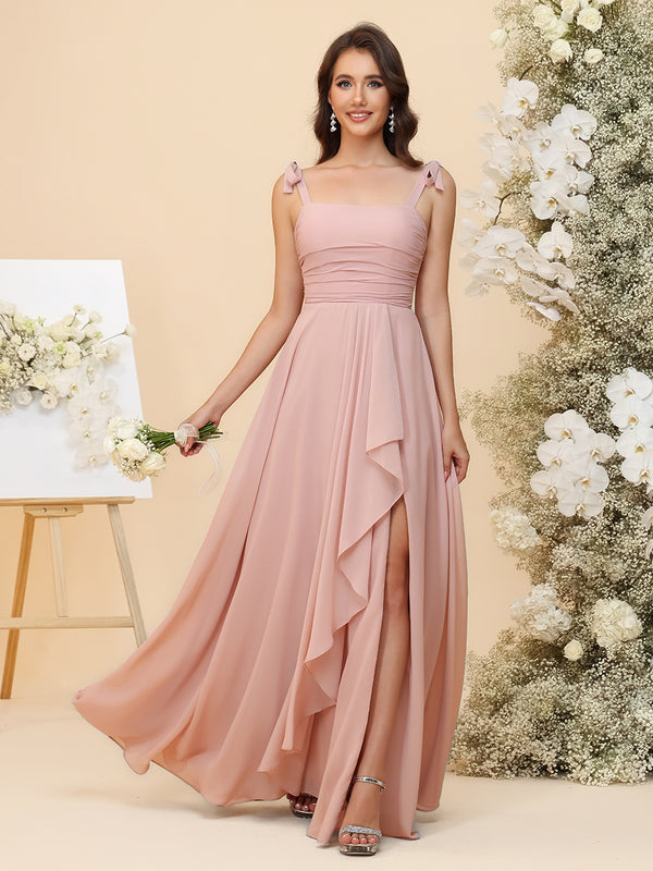 Lightweight Chiffon Square Neck Ruched Waist Ruffled Maxi Bridesmaid Dresses with Slit