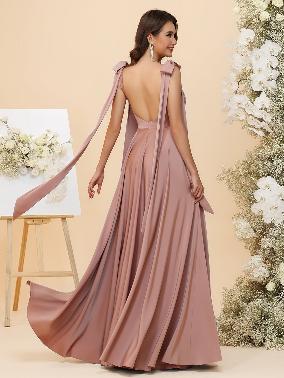 Satin Square Neck Ruched Waist Maxi Bridesmaid Dresses with Bow Shoulder Straps