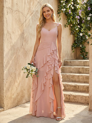 Chiffon V-Neck Asymmetrical Ruffles Ruched Waist Maxi Bridesmaid Dresses with Slit