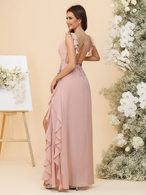 Chiffon V-Neck Asymmetrical Ruffles Ruched Waist Maxi Bridesmaid Dresses with Slit