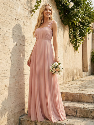 A-Line Chiffon Bridesmaid Dresses - Ruched Bodice & All-Over Accordion Pleated Skirt with 3D Floral Spaghetti Straps