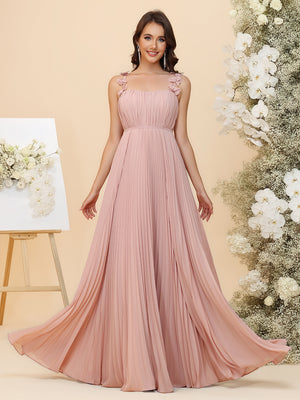 A-Line Chiffon Bridesmaid Dresses - Ruched Bodice & All-Over Accordion Pleated Skirt with 3D Floral Spaghetti Straps